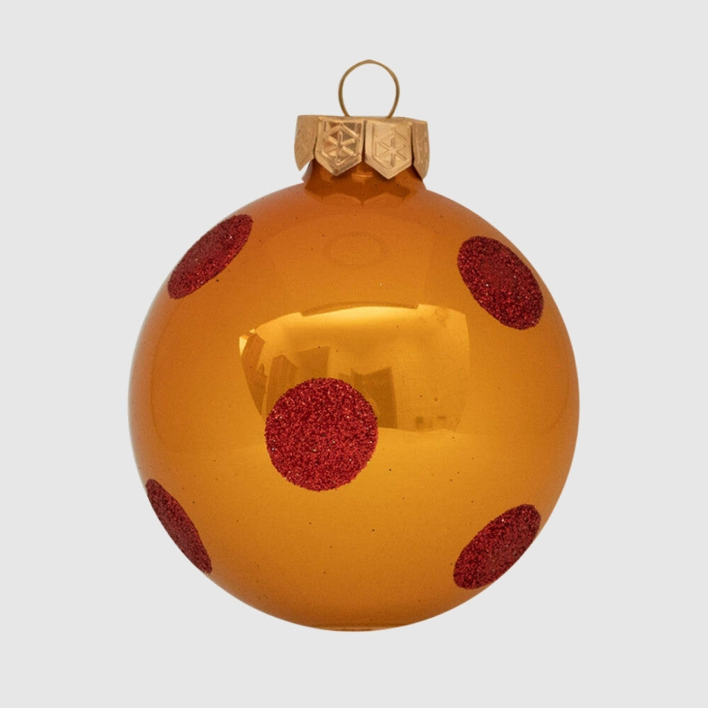 Narancssárga-piros pöttyös kézzel festett üveggömb, 8 cm, 4. kép