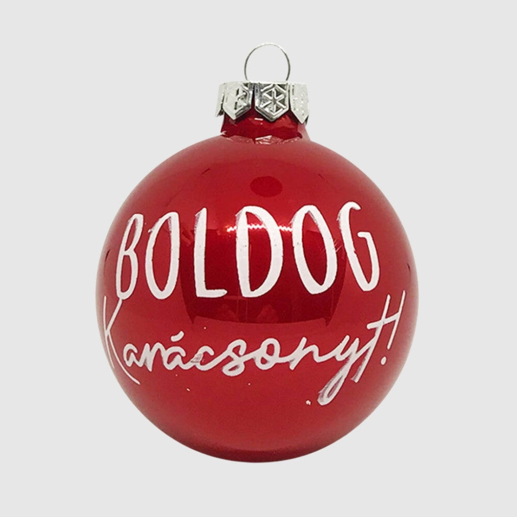 Piros gyöngyházfényű üveggömb Boldog karácsonyt felirattal, 7 cm, 4. kép