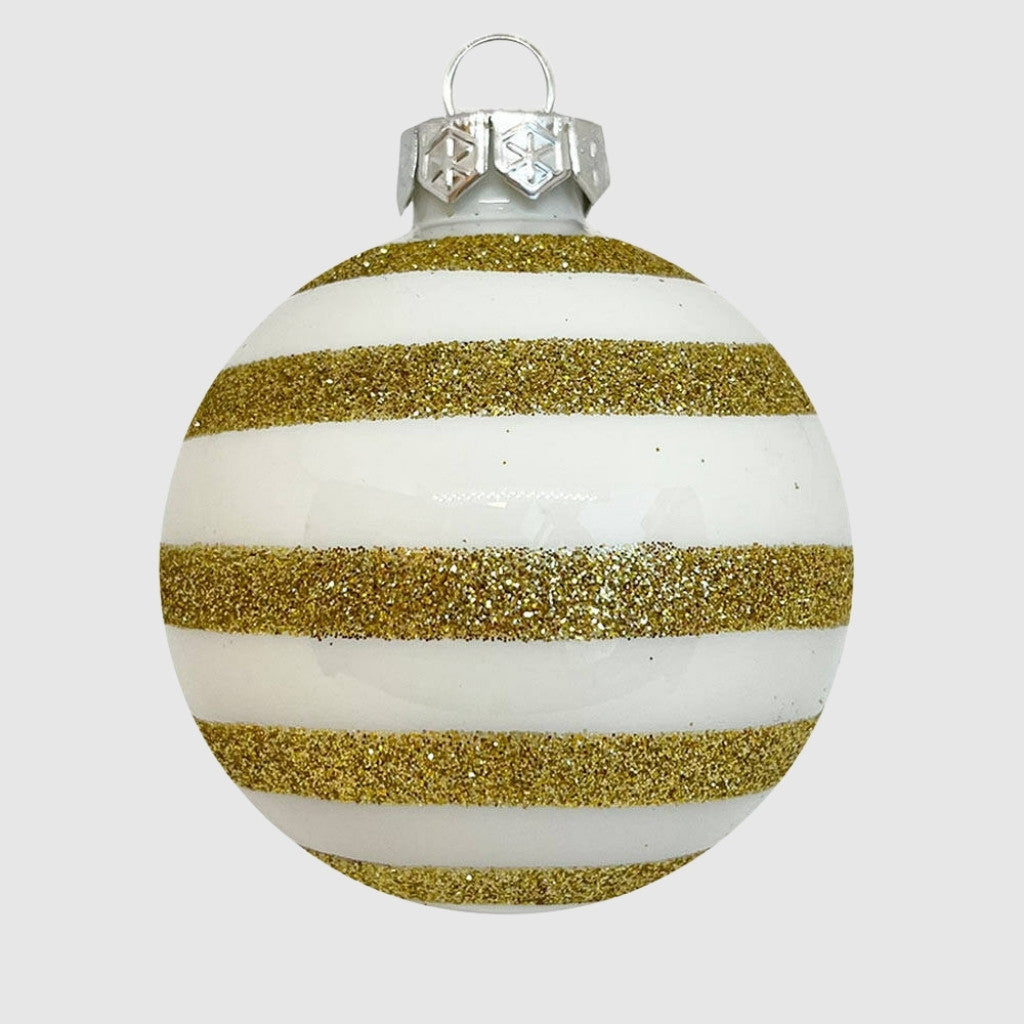 Fehér-arany csíkos kézzel festett üveggömb, 7 cm, 4. kép