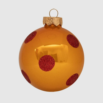 Narancssárga-piros pöttyös kézzel festett üveggömb, 8 cm, 4. kép