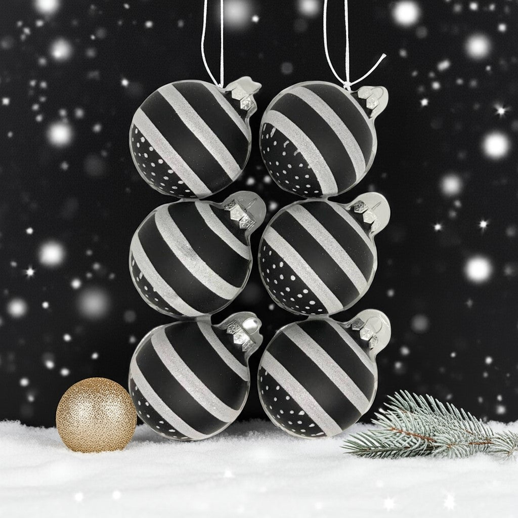 Stripe and dots kézzel festett üveg karácsonyi gömb szett 6*7cm