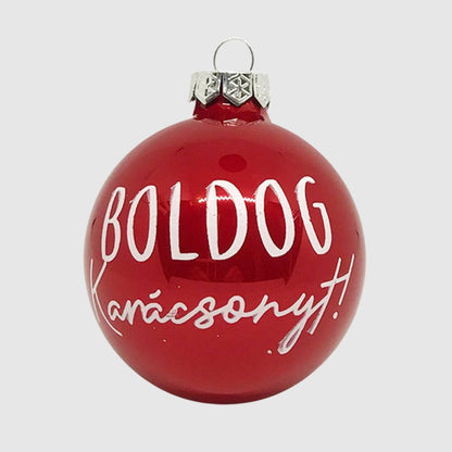 Piros gyöngyházfényű üveggömb Boldog karácsonyt felirattal, 7 cm, 4. kép