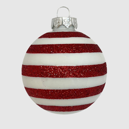 Fehér-piros glitter csíkos kézzel festett üveggömb, 7 cm, 4. kép