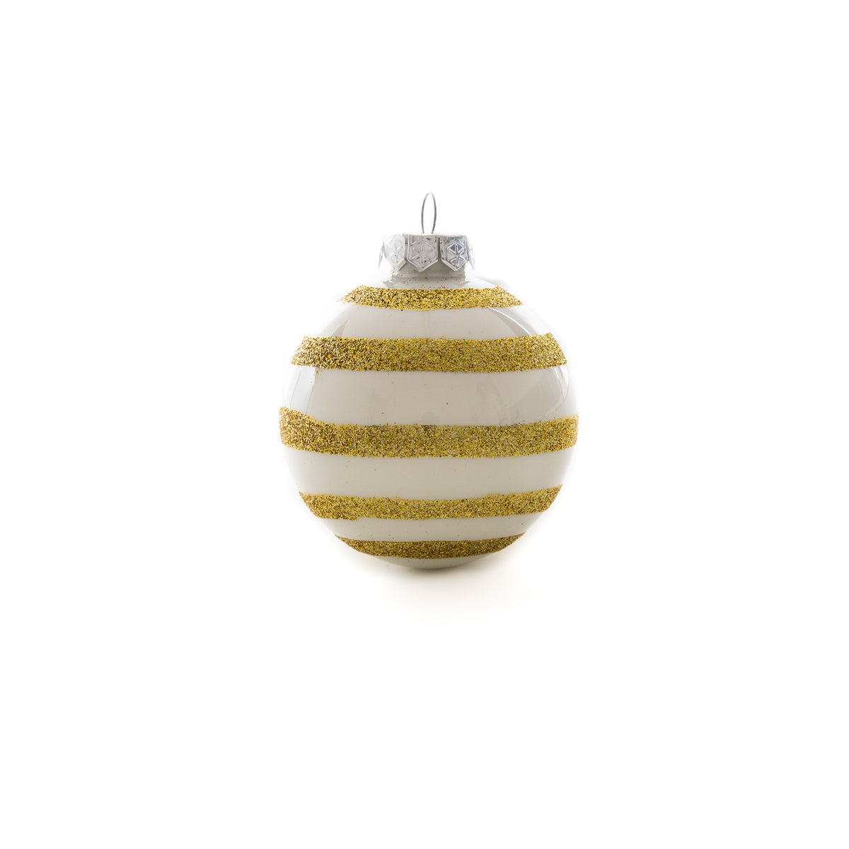 Fehér-arany csíkos kézzel festett karácsonyi üveggömb szett, 7 cm, 6 db