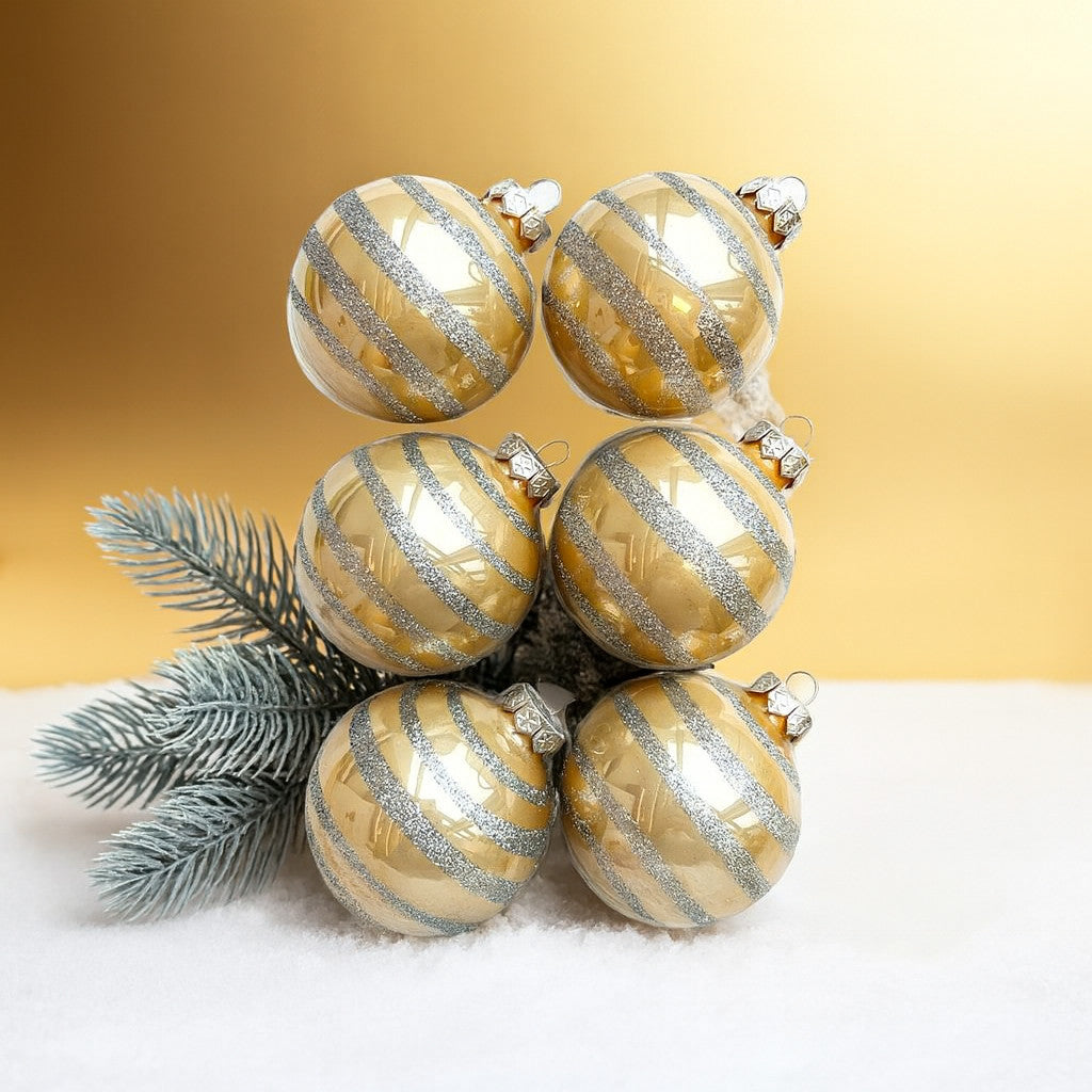 Silver glitter stripe pezsgőszínű kézzel festett üveg karácsonyi gömb szett 6*7cm