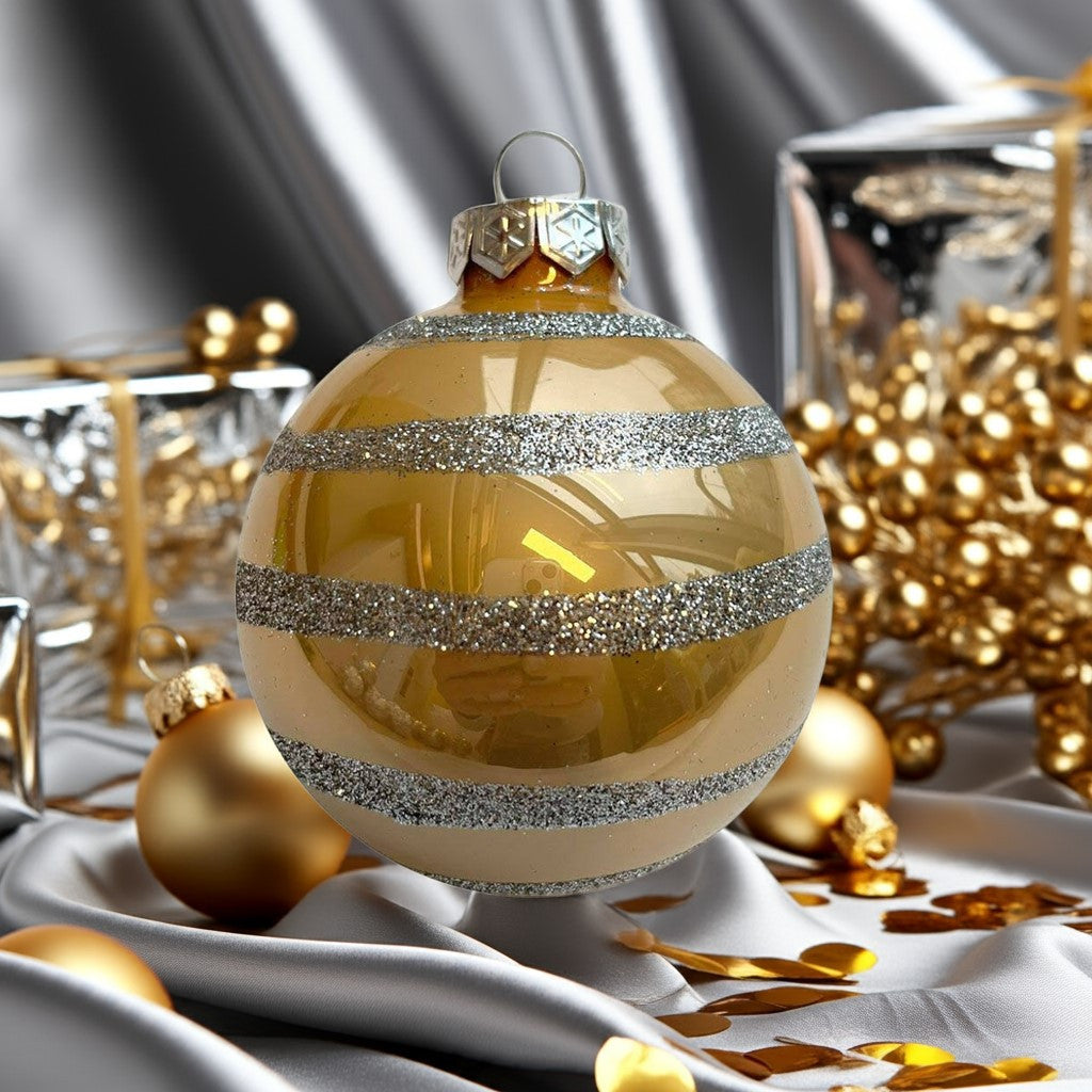 Silver glitter stripe pezsgőszínű kézzel festett üveg karácsonyi gömb szett 6*7cm - 2