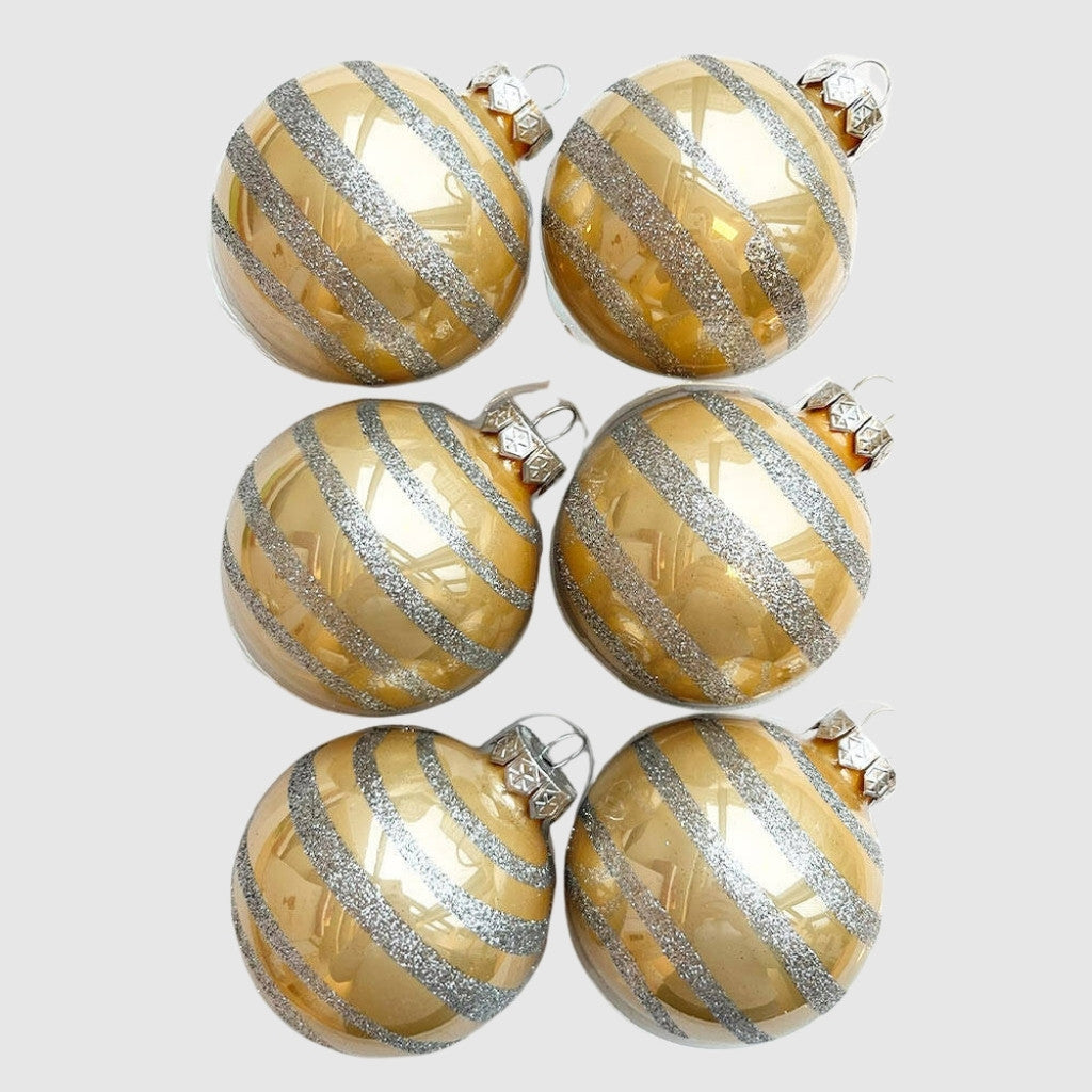 Silver glitter stripe pezsgőszínű kézzel festett üveg karácsonyi gömb szett 6*7cm - 3
