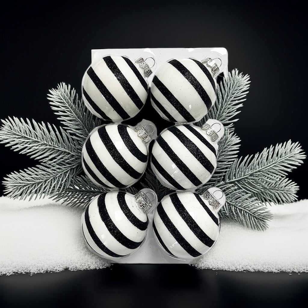 Black Glitter Stripe kézzel festett fehér-fekete üveg karácsonyi gömb szett 6*7cm