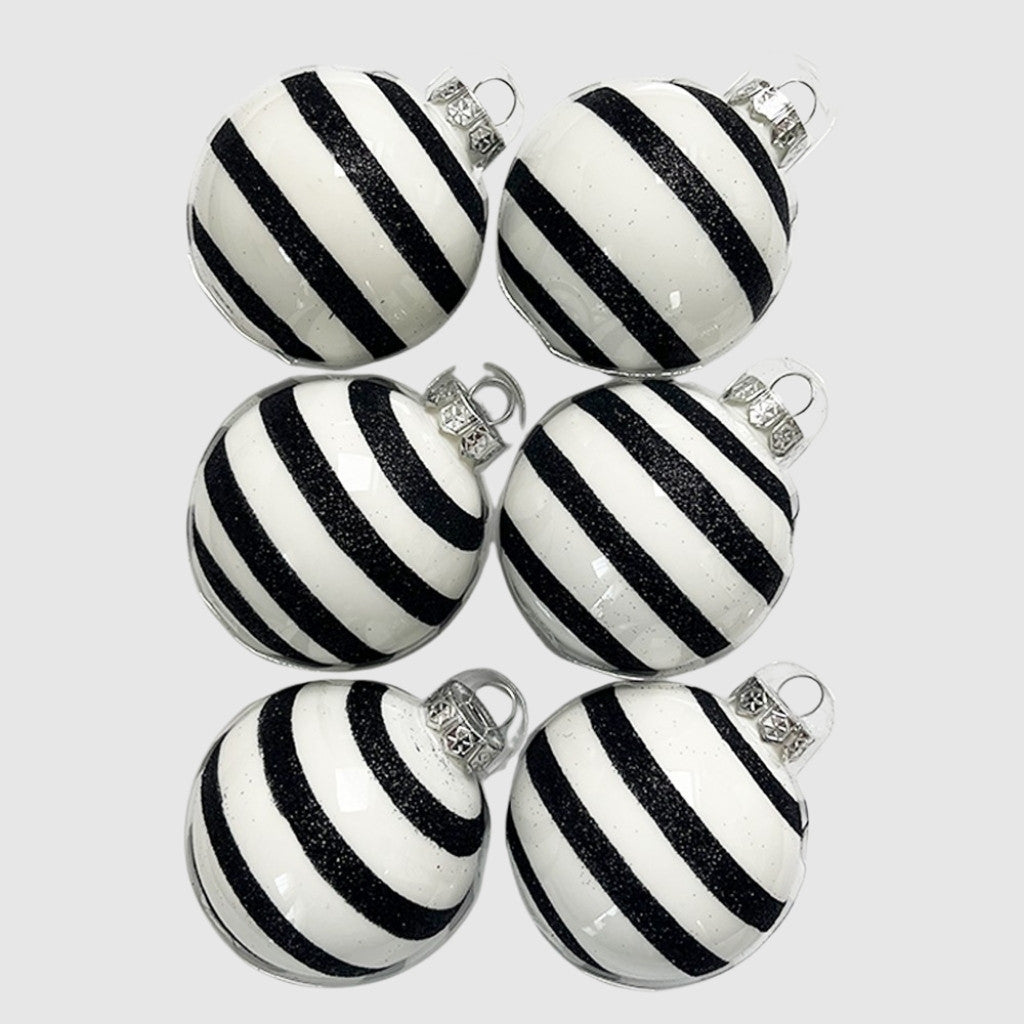 Black Glitter Stripe kézzel festett fehér-fekete üveg karácsonyi gömb szett 6*7cm - 3