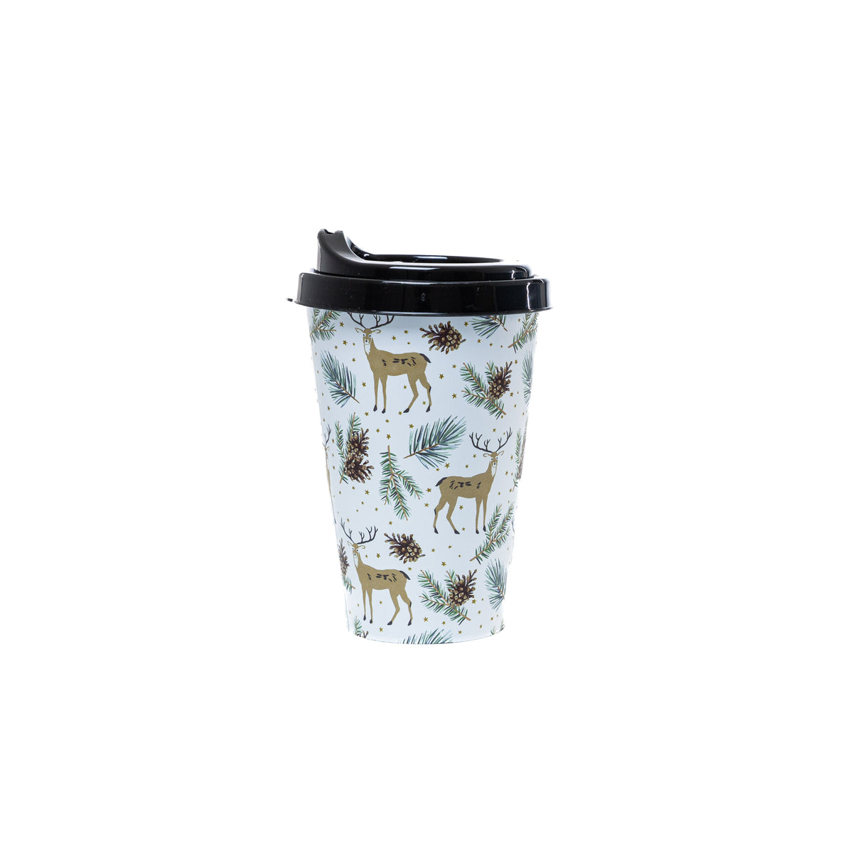 Karácsonyi műanyag bögre fedővel 400 ml, Fehér rénszarvasos minta, 2. kép
