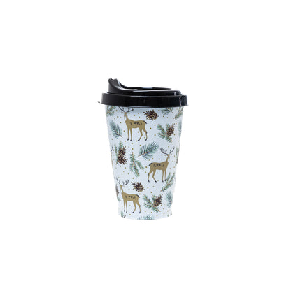 Karácsonyi műanyag bögre fedővel 400 ml, Fehér rénszarvasos minta, 2. kép