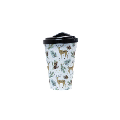 Karácsonyi műanyag bögre fedővel 400 ml, Fehér rénszarvasos minta, 3. kép