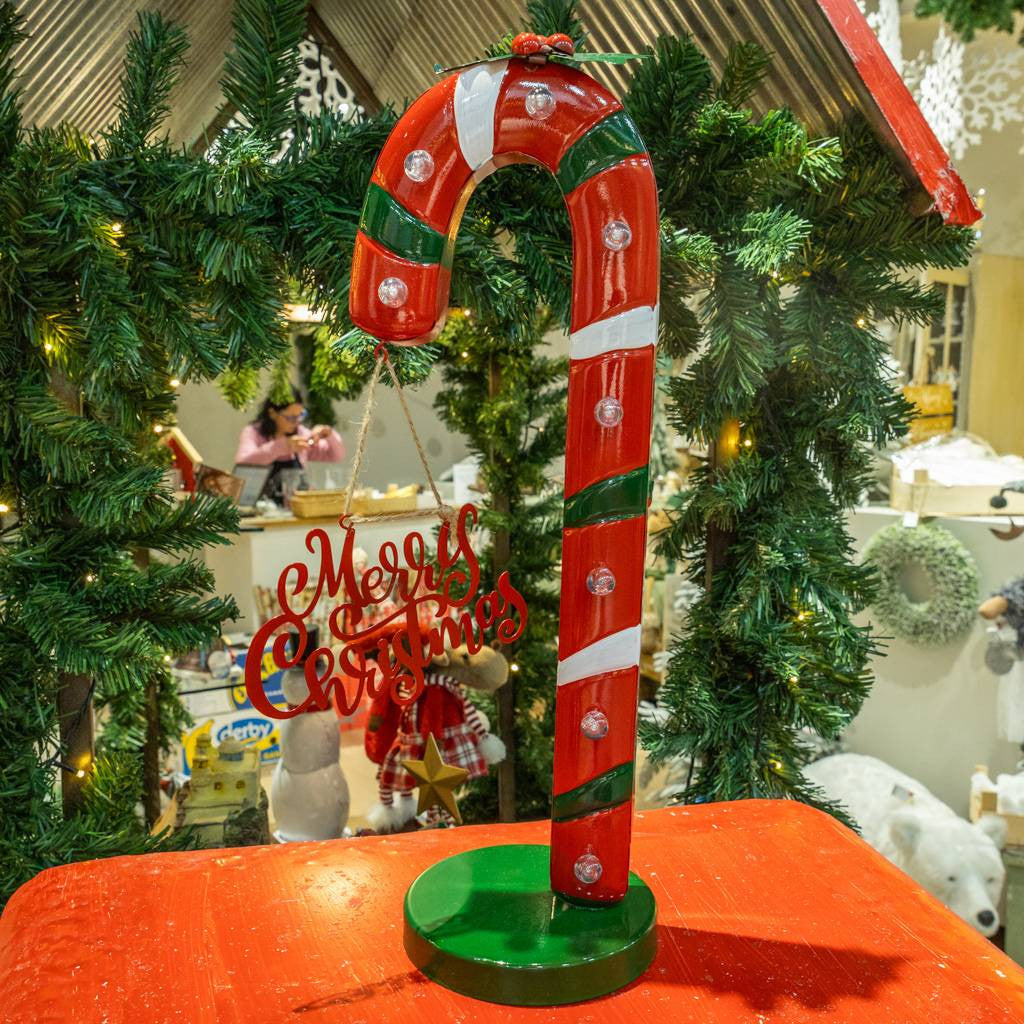 LED-es fém cukorpálca dekoráció Merry Christmas felirattal, 47 cm
