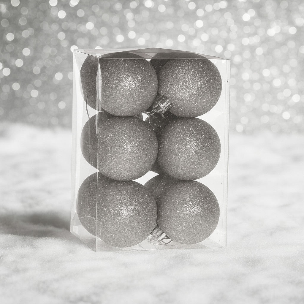 Ezüst glitteres műanyag karácsonyi gömb szett 12x6cm