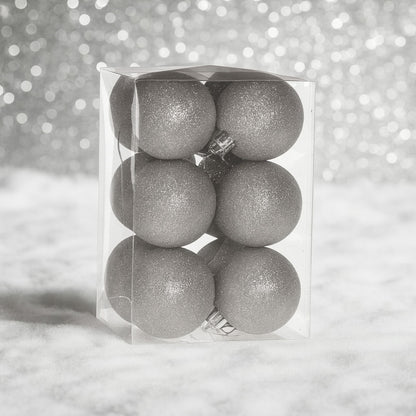 Ezüst glitteres műanyag karácsonyi gömb szett, 6 cm, 12 db