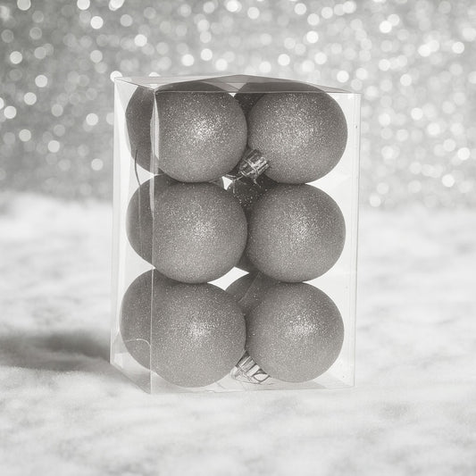 Ezüst glitteres műanyag karácsonyi gömb szett 12x6cm