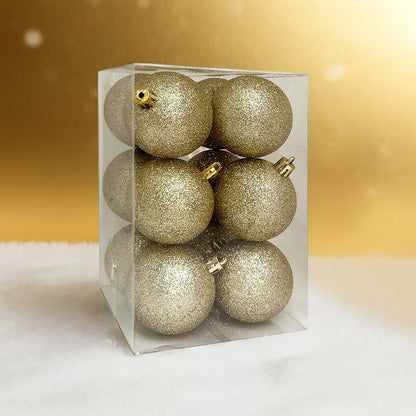 Arany glitteres műanyag karácsonyi gömb szett, 6 cm, 12 db