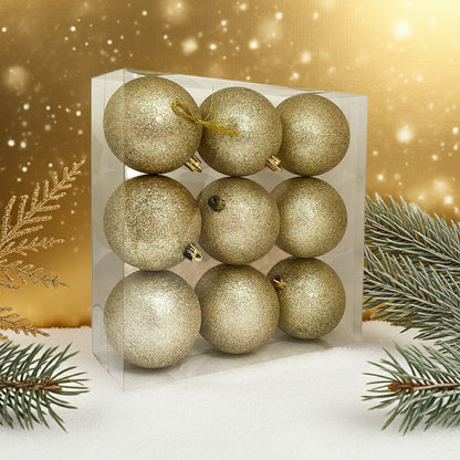 Arany glitteres műanyag karácsonyi gömb szett, 8 cm, 9 db