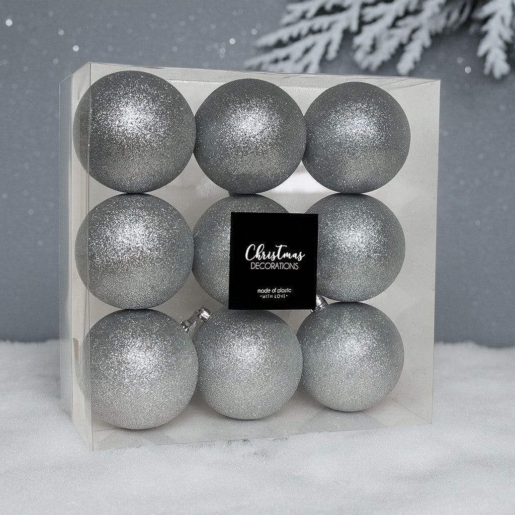 Ezüst glitteres műanyag karácsonyi gömb szett 9x8cm