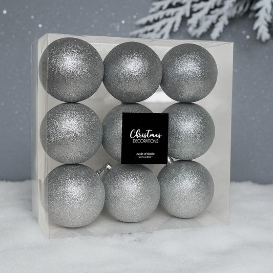Ezüst glitteres műanyag karácsonyi gömb szett 9x8cm